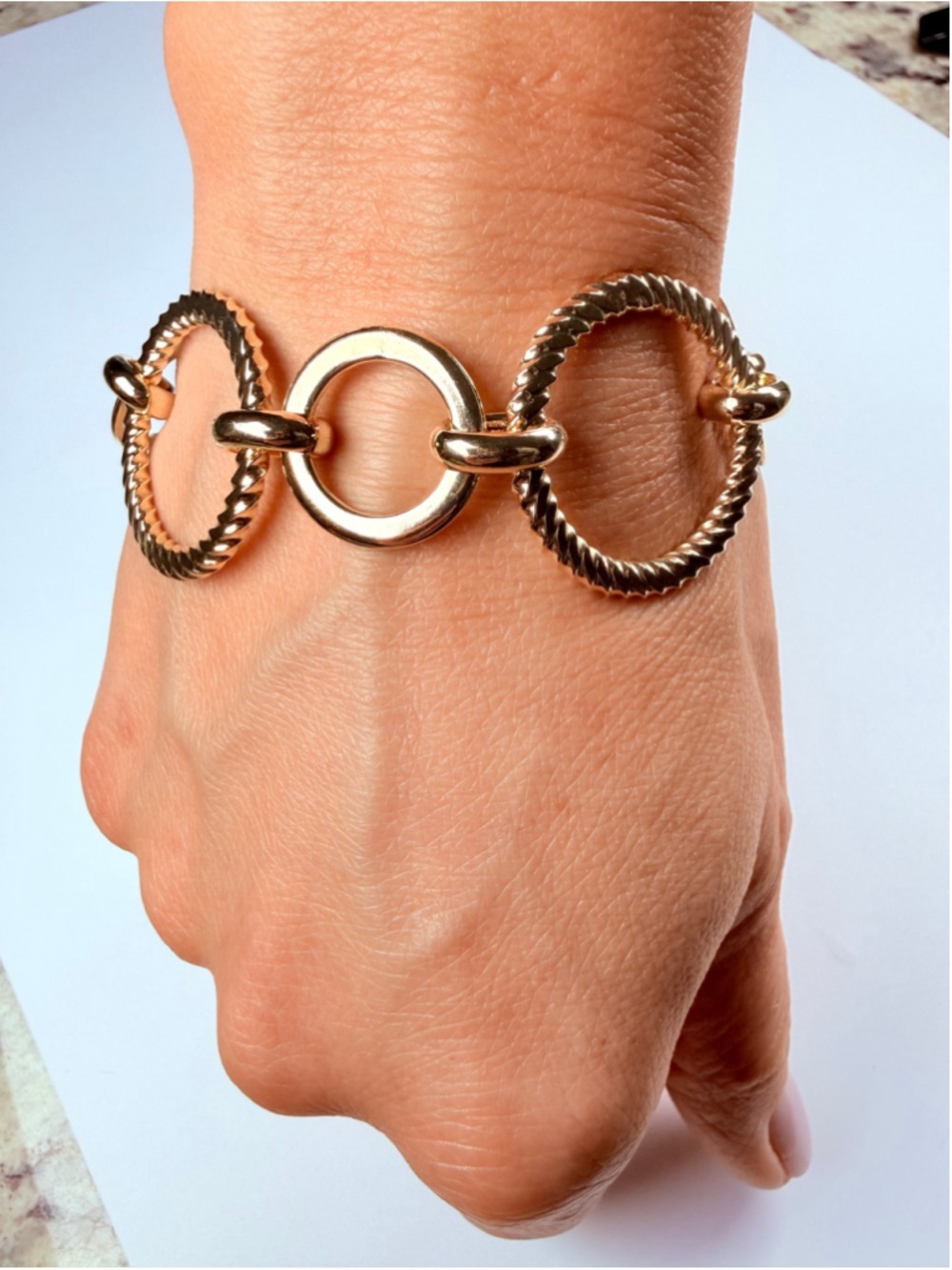 Gold Vermeil Cable Circle Rolo Link Chain 925 Sterling Silver Bracelet Italy - Picture 3 of 9